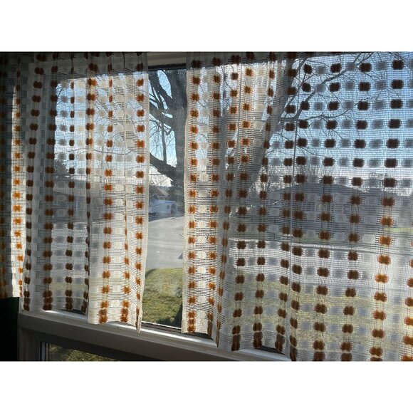 Vintage 70s pair curtains, white, orange yellow fluffy mesh, Scandinavian decor - Picture 1 of 7